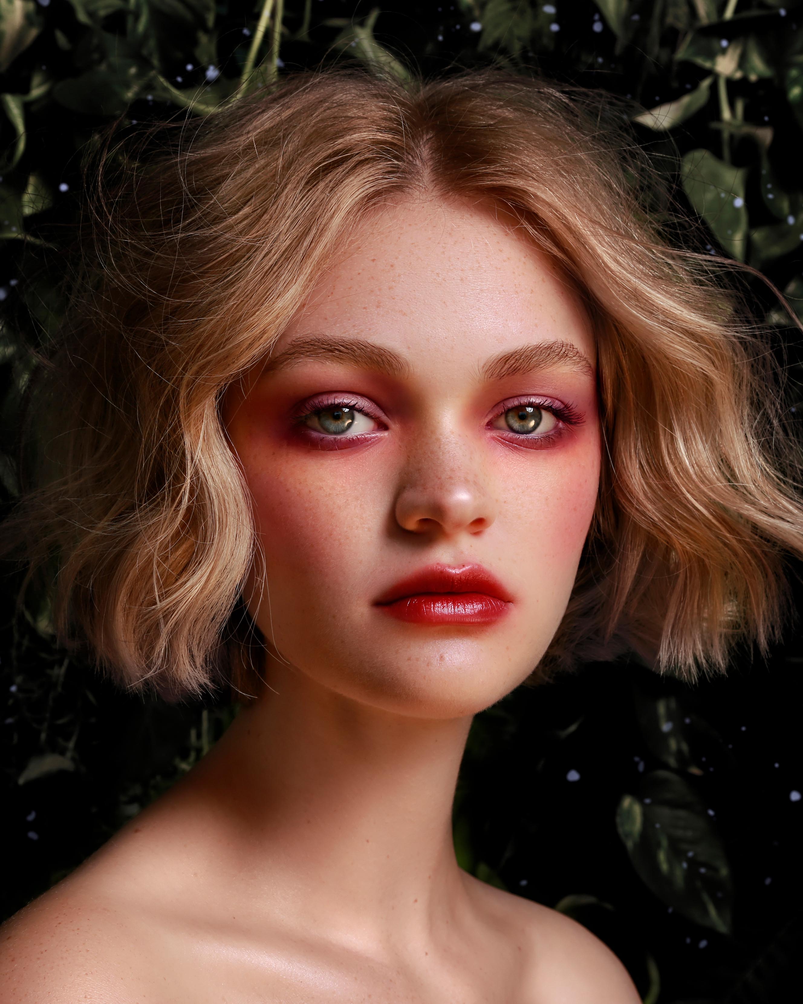 Close-up of a model with fair skin and pink, purple, and red makeup against a dark leafy background
