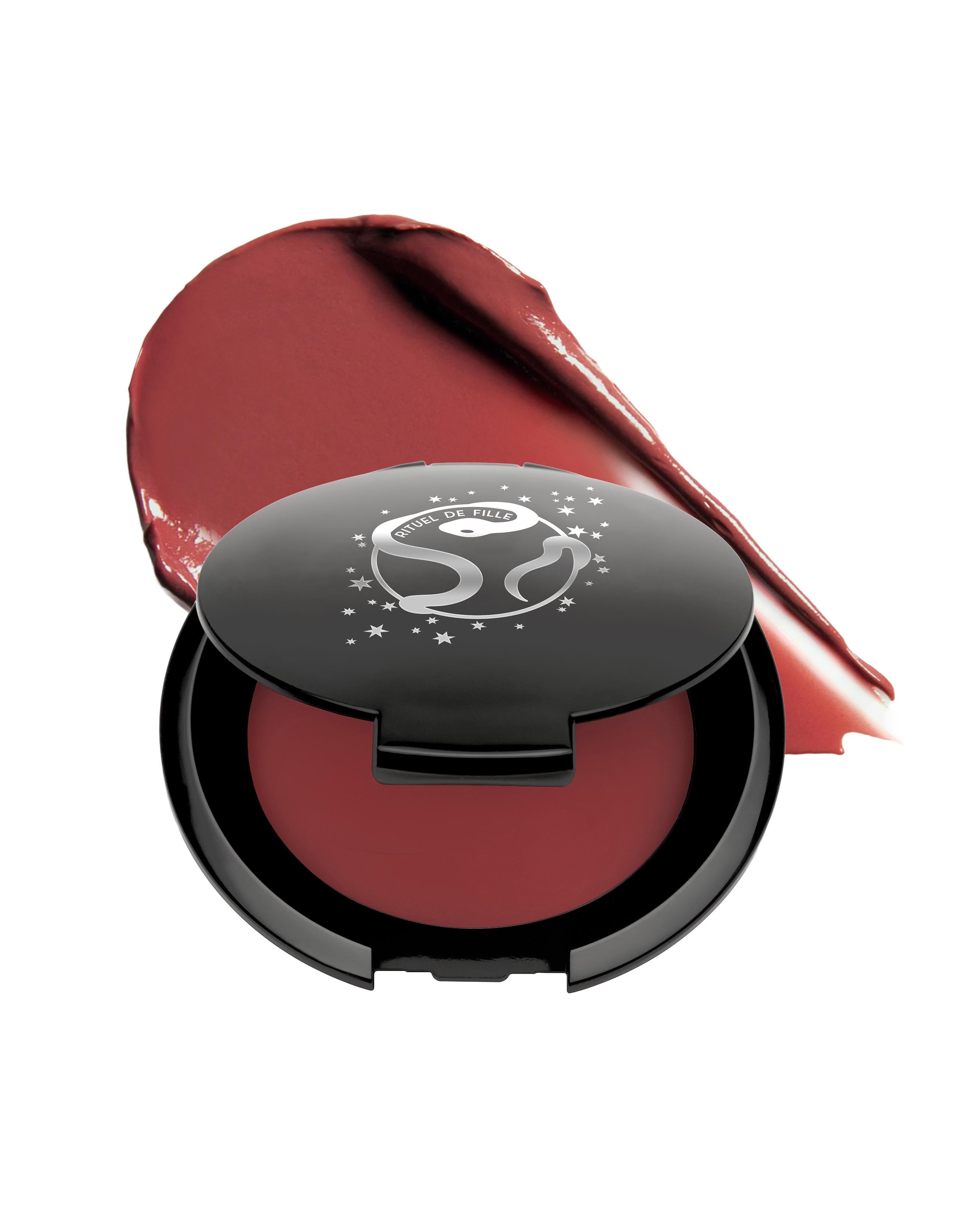 Rose pink makeup in black compact with Rituel de Fille logo on a white background