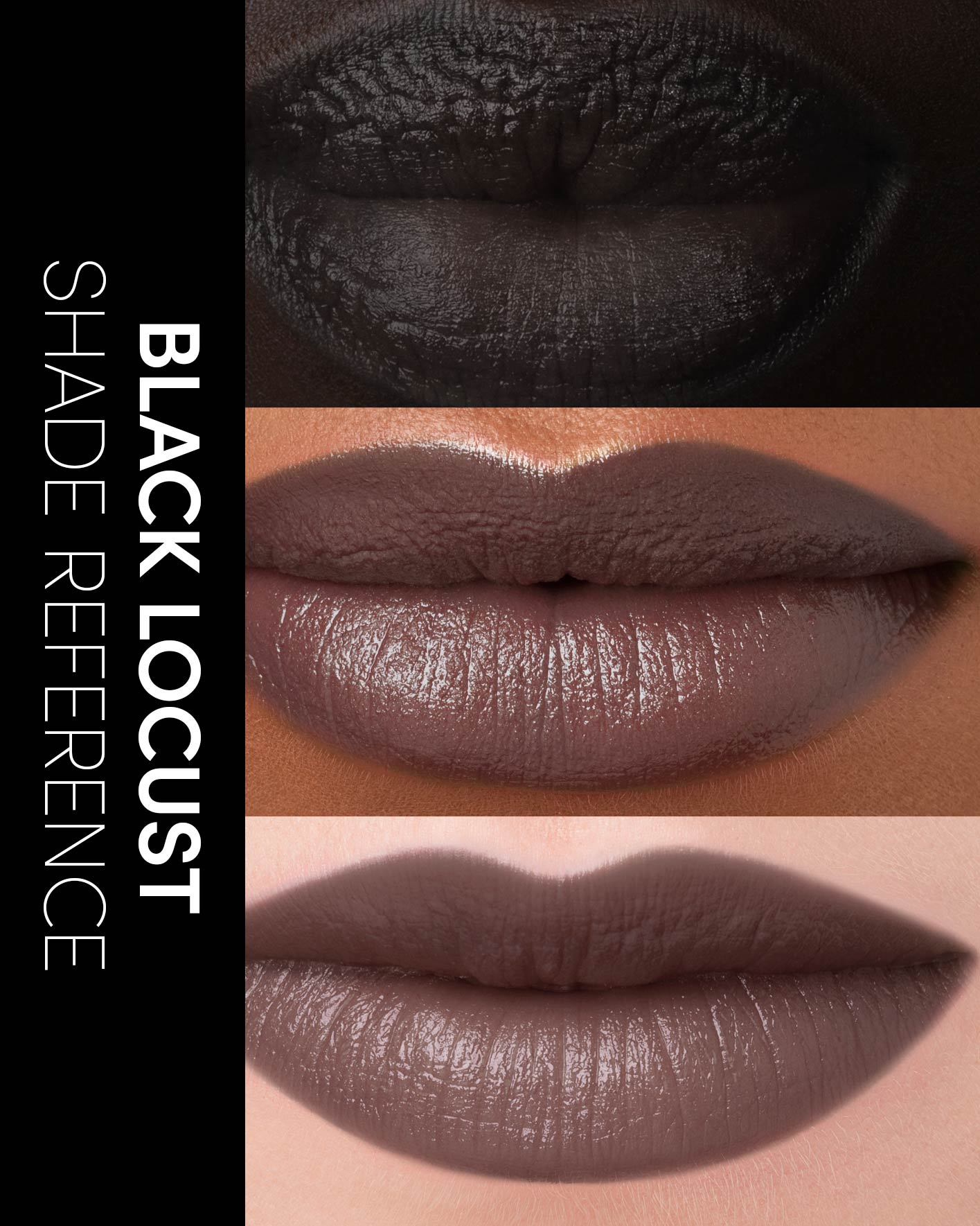 Three different  lips wearing Rituel de Fille Black Locust lipstick with 'Black Locust Shade Reference' text